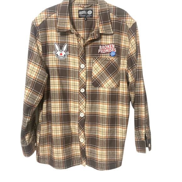 Broken Promises X Happy Bunny Grafitti Flannel Button Front Shirt sz LG - Picture 2 of 11